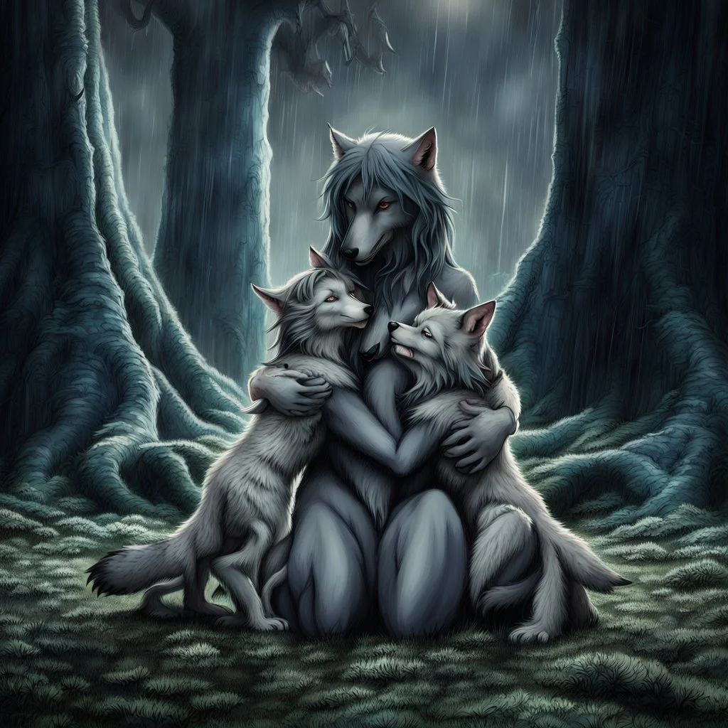 an anthropomorphic female wolf hibrid hugs with paws her two anthropomorphic wolf-kid hibrid child on field, in background tall trees wirh big trunks, rain, down on blue-green moss, hug each other , rainy day, high contrast, high detalied, atmospheric, fantasy, sci-fi mood