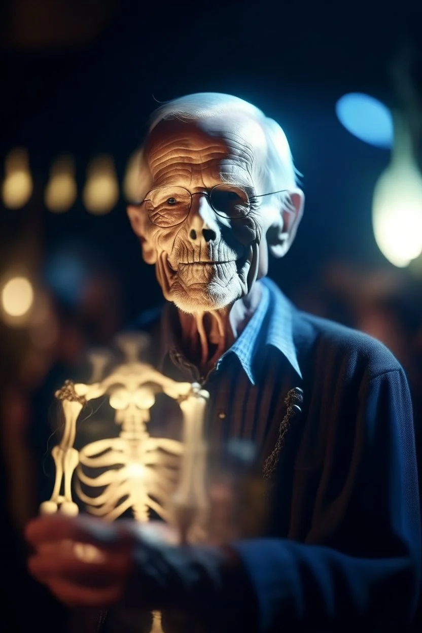 portrait of flashy transparent old man showing of his glowing skeleton, zeiss prime lens, bokeh like f/0.8, tilt-shift lens 8k, high detail, smooth render, down-light, unreal engine, prize winning