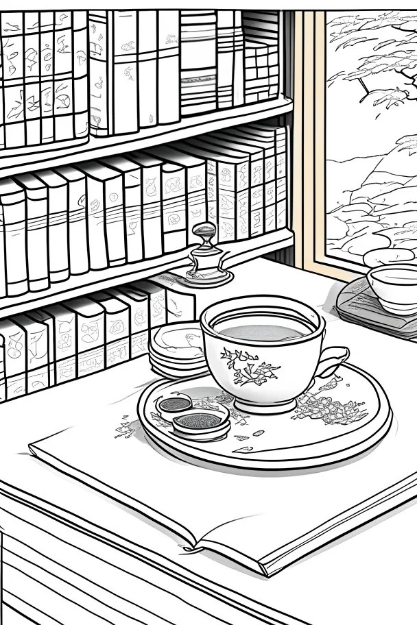 Japanese Tea on coffee table with book shelf in background coloring page