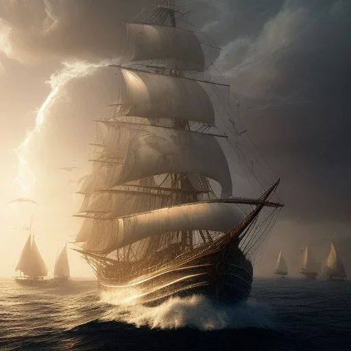 photo of a ultra realistic sailing ship, dramatic light, pale sunrise, cinematic lighting, battered, low angle, trending on artstation, 4k, hyper realistic, focused, extreme details, unreal engine 5, cinematic, masterpiece, art by studio ghibli, intricate artwork by john william turner