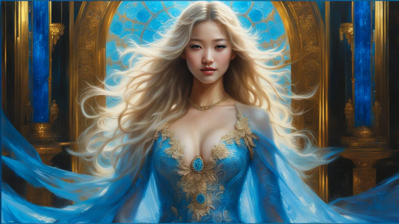 In Casey Baugh's evocative style, art of a gorgeous smiling asian goddess full body with long blonde hair, blue eyes , beautiful chest and long legs, futuristic, transparent blue lace, elegant, highly detailed, majestic, Baugh's brushwork infuses the painting with a unique combination of realism and abstraction, greg rutkowski, surreal gold filigree, broken glass, (masterpiece, sidelighting, finely detailed beautiful eyes: 1.2), hdr, realistic painting, natural skin, textured skin,