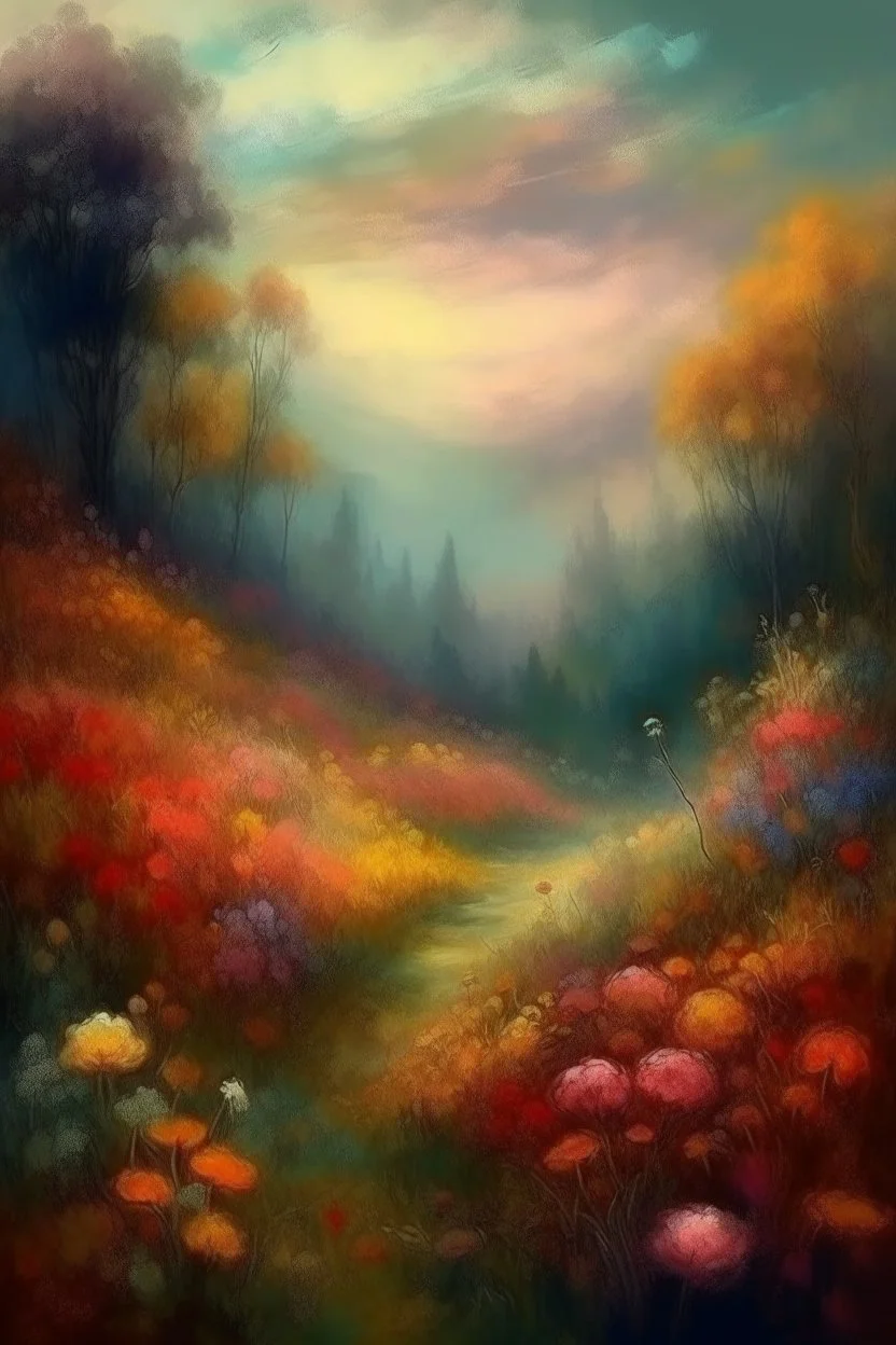 MAGIC fantasy, medieval painting, gloomy landscape surrounded by forests, dense thickets of flowers with brushes, impressionism style