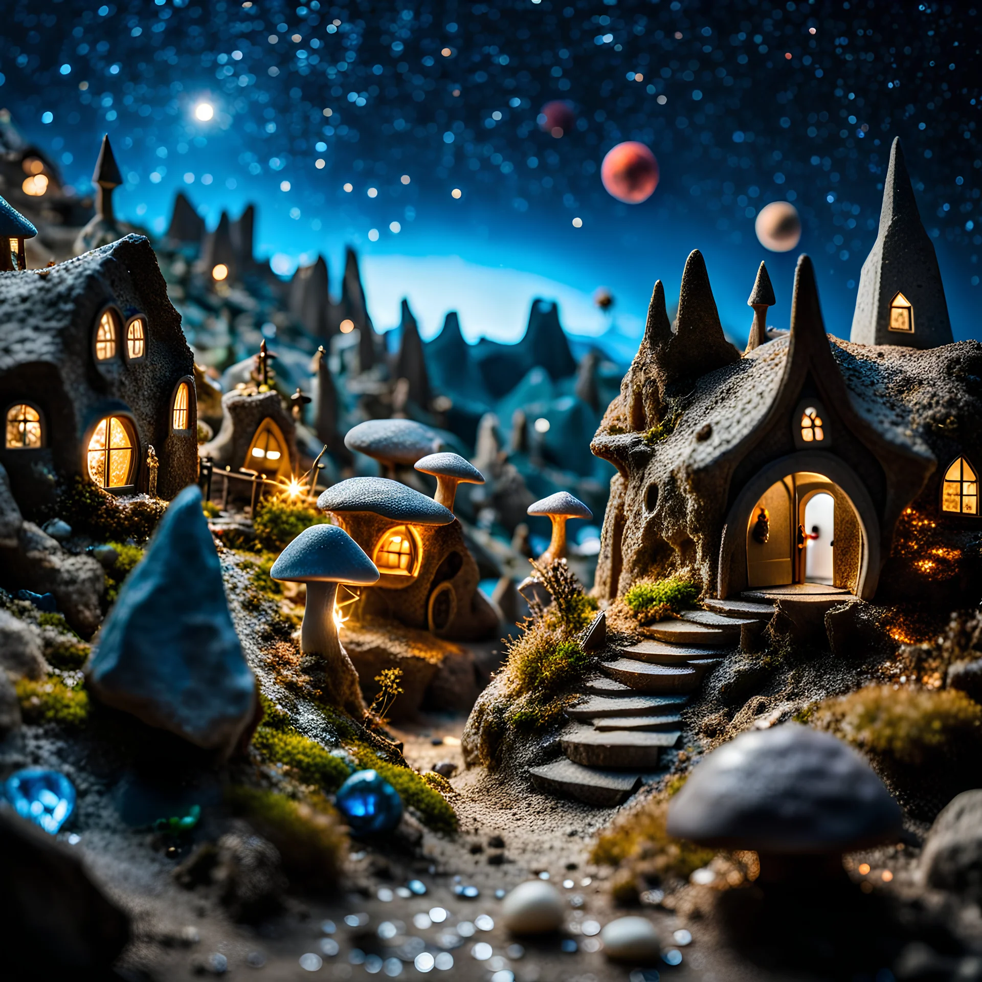 Close-up photograph of a village, naïve, people, houses, rock formations, stars and planets, animals, fungi, crystals, mineral concretions, extreme detail, intricate, volumetric light, colours, Tim Burton, Max Ernst, Yves Tanguy, sparkles, bokeh