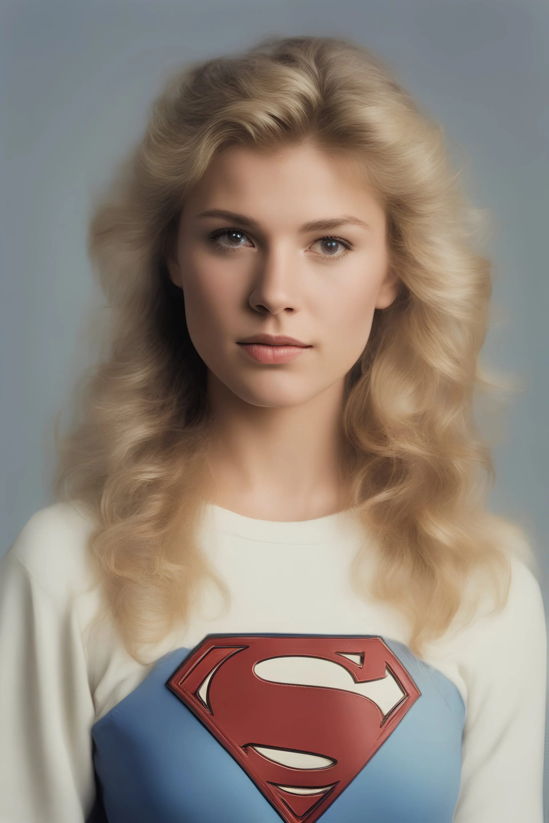 1980's yearbook photo, teenage girl, 18 years old, blonde hair, 80's hairstyle, Supergirl, photorealistic, --ar 9:16 --style raw, full body image, head to toe,