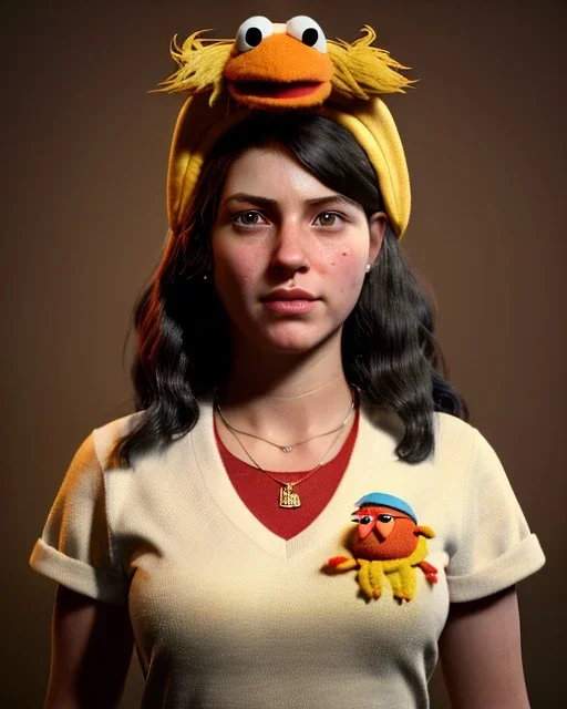 Portrait, British waitress woman with monster muppet mask that covers her entire head, retro style, Sesame Street style, gold, smooth, unreal engine 5, god lights, ray tracing, RTX, lumen lighting, ultra detail, volumetric lighting, 3d.