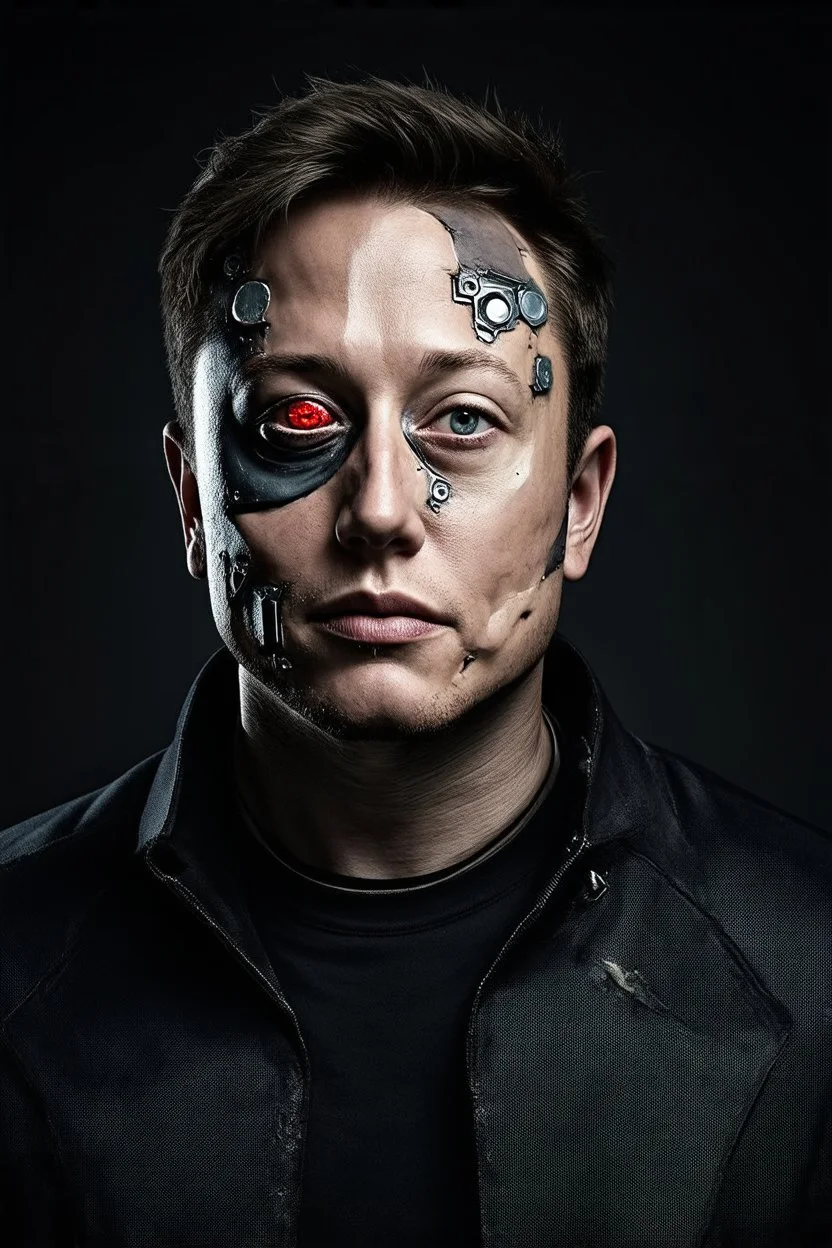 Portrait of Elon musk, half cyborg with metal pieces showing under skin, one eye red