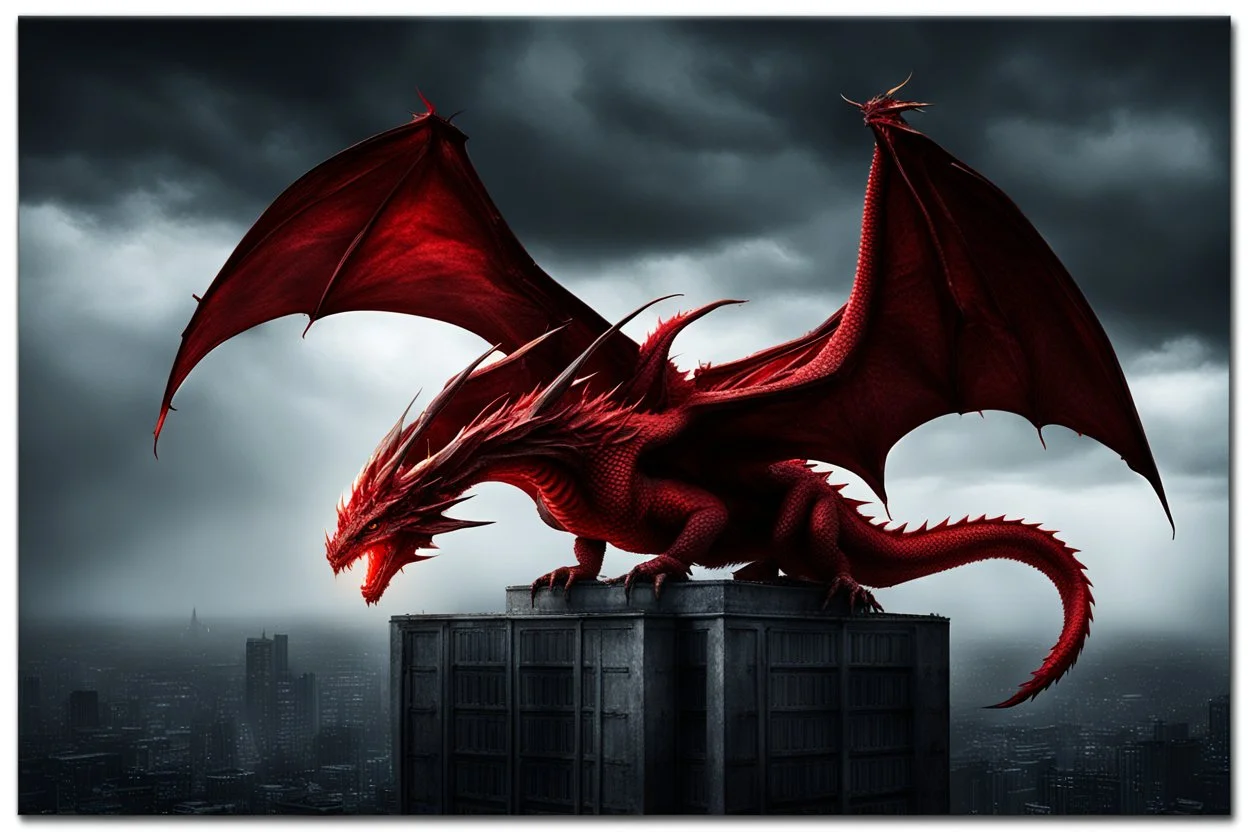 red dragon on top of a building wings outstetched dark fantasy lightening