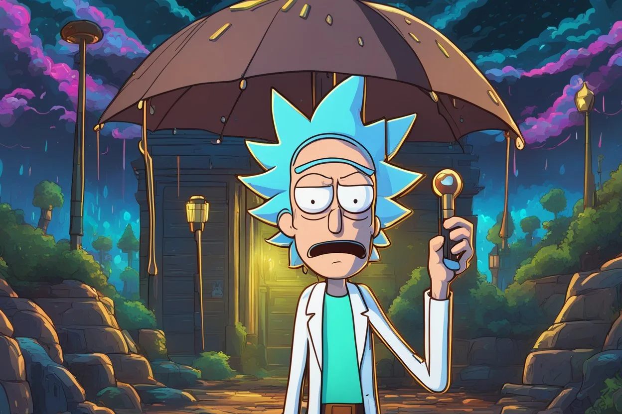 Rick in 8k realistic cartoon artstyle, neon effect, Rick and morty them, close picture, rain, fantasy world, intricate details, highly detailed, high details, detailed portrait, masterpiece,ultra detailed, ultra quality