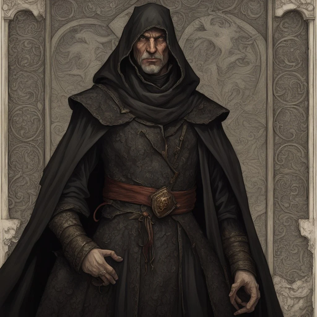 Dnd, fantasy, portrait, face, archimage, in style of medieval mural, ruthless, violent, old, black robe