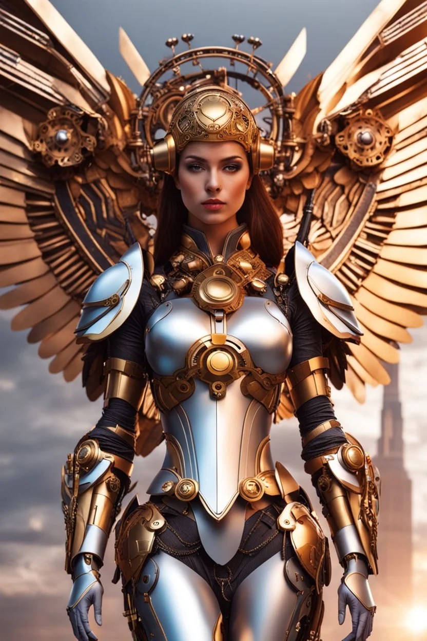 Photo Full body Lady Angel cyborg straddle wings, using traditional armor,detailed, intricate,gears cogs cables wires circuits, gold silver chrome copper,abstract background