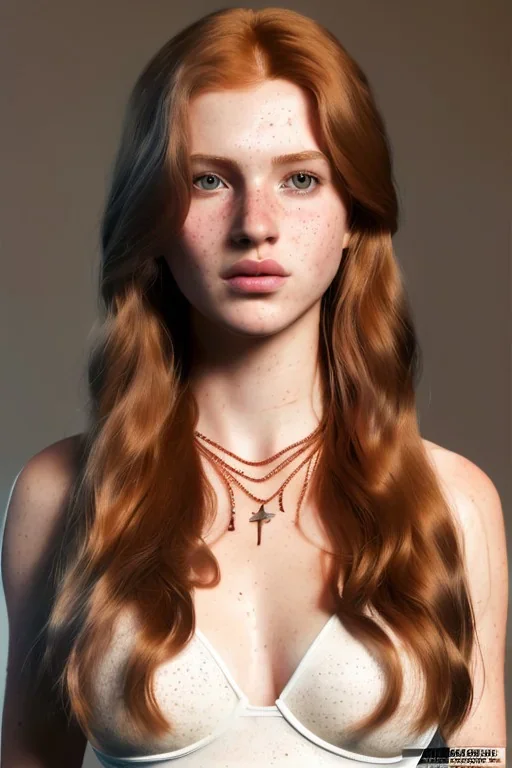 concept illustration, ultra-realistic, super-detailed, strikingly beautiful teen female, 16 years old, long ginger hair, medium freckles, full lips, full body, full face, b-cup breasts, athletic, centred camera, ignore NSFW, skimpy brown armor, halter top, thong, stern expression