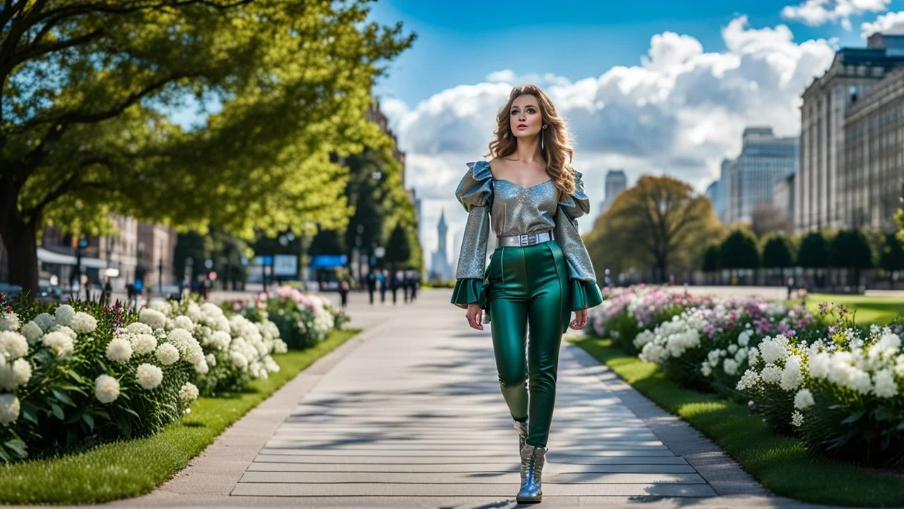 fullbody close up of 1 girl makeup wearing a dark green-silver victorian top and pants and pretty boots walking in moder city of 2040 park ,flowers ,pretty clouds in blue sky,city escape.