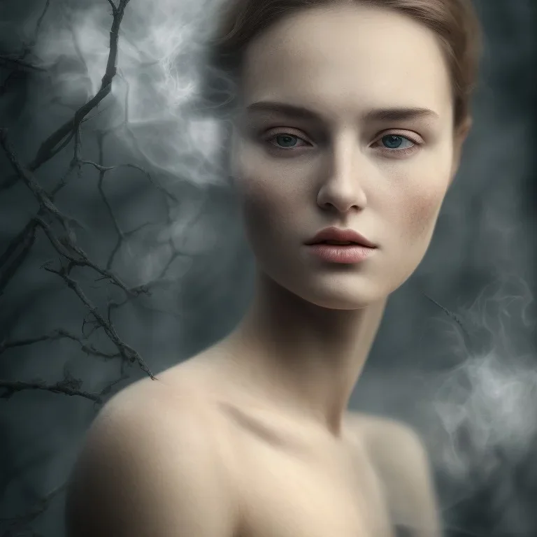 portrait photography, 8K, Portrait of a woman by Michelangelo, close-up face, average face, a dreary dark atmosphere, misty smoke, trees