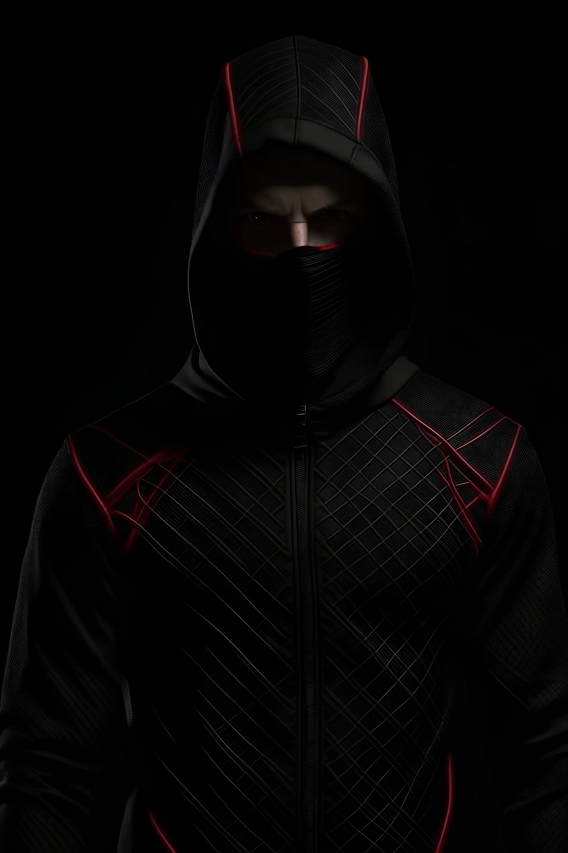 HD, 8k, full body portrait of a 18 year old vigilante. wear black jacket with red strings on the side. brown eyes. short straight dark brown hair. wears a black mask. a full bodysuit grey tight suit under the jacket.