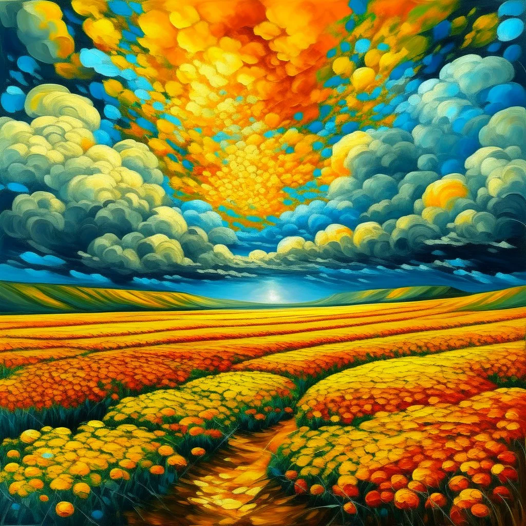 surreal fields of color, oil on canvas, endless warm fields full of golden yarrow under the sun, surreal thunder clouds --v 6.0 --style raw