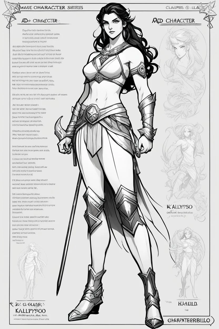 make a character concept sheet with AD&D statistics and characteristics, [illustration simple ligne claire black and white brush] the playable Kalypso, the a Pagan nymph, the daughter of the terrible Khalid. a muscular brunette with metallic silver eyes and a body as fluid as mercury. Powers: No chain can bind her, he has influence, a strange gravity that drew events subtly around her [make it a portrait layout to fit a page of a TTRPG rulebook]