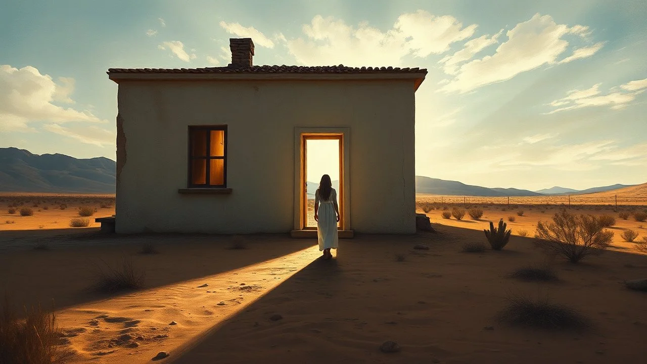 Fachada de casa solitaria en un paisaje árido, una mujer en el umbral detenida entre luz y sombra, arquitectura como protagonista emocional, estilo óleo con contraste cinematográfico