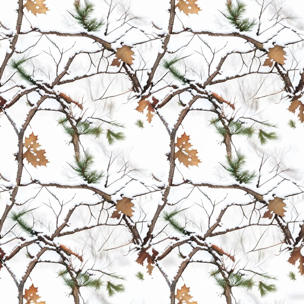 Real Tree Camouflage made of sticks, twigs, leaves, pine branches, snow and dirt, white background, seamless repeatable texture pattern imitating a natural forest background