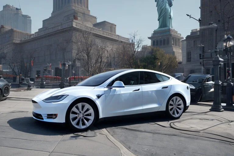 A Tesla 'Model 3' is parked, near the 'Statue of Liberty' in New York. CINEMATIC. WIDE ANGLE LENS. PHOTO REAL.