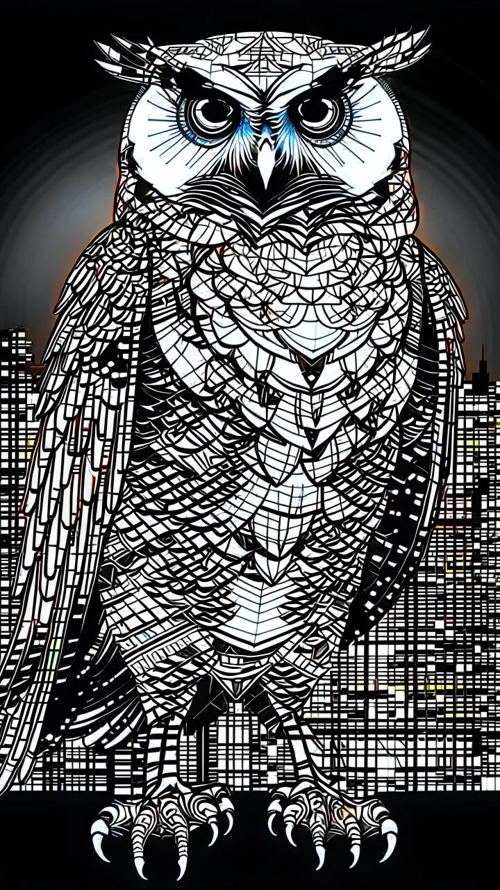 Owlman linear image full body, black and white color fondo ciudad