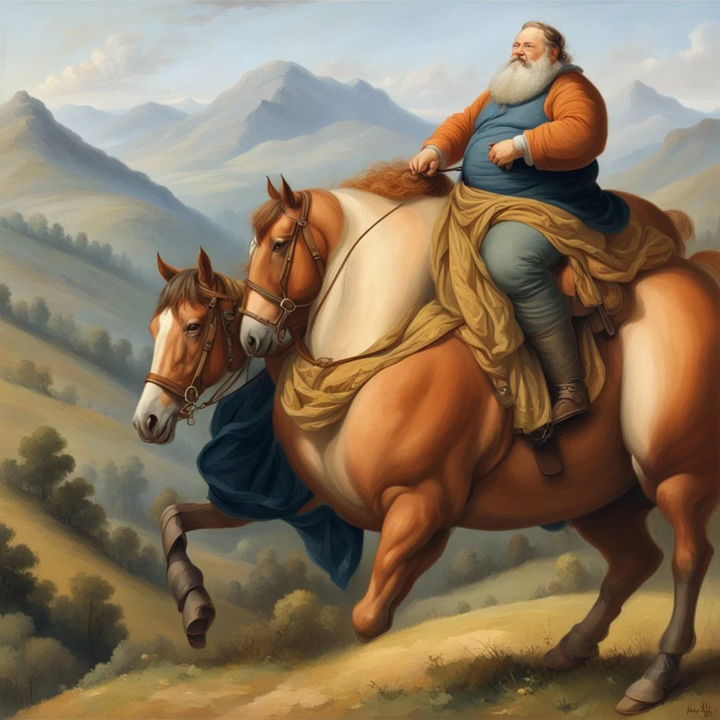 a big fat man sitting on a horse in hills like a 19th painting