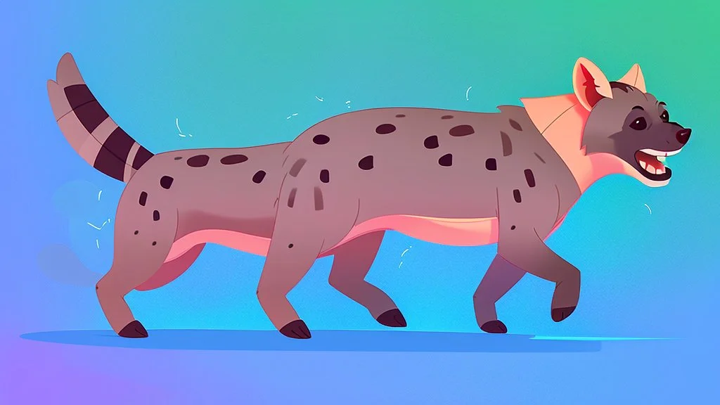 Cute chibi hyena dog chasing its own tail, cartoony, colorful, exaggerated, simplified, adorable