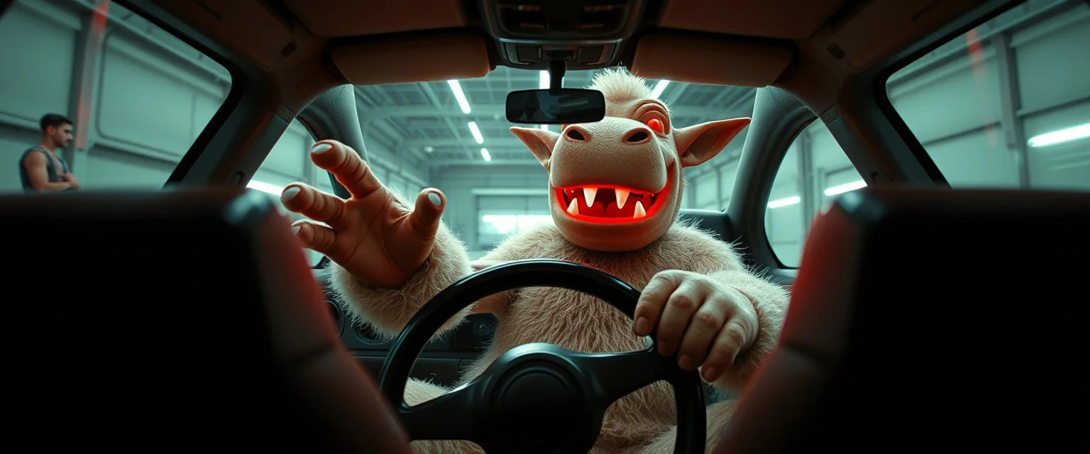 car driving happy 2d neon fluffy orc wheel test dummy hippo elf lord with human hands in the style of Escher and Giger and Fallout 4, pinhole cam, airbrush 3d rendering, on tv screen:A five-second cinematic single take in a clean industrial presentation hall.