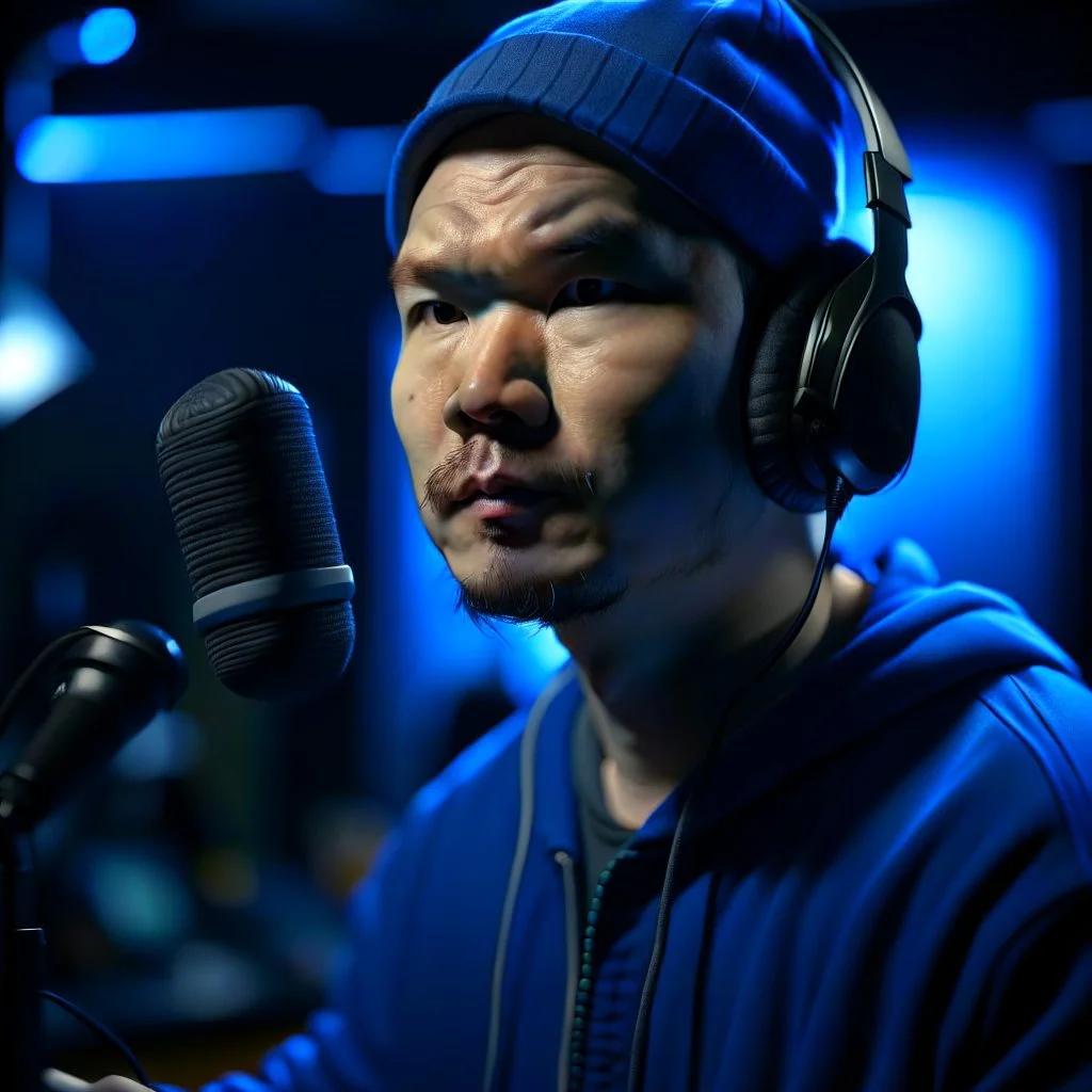 Christer Chao Solvang, norwegian chinese rapper in silver blue studio, young dark and handsome, with thick hairy eyebrows, and tiny mic, directing a debate, photo-realistic, shot on Hasselblad h6d-400c, zeiss prime lens, bokeh like f/0.8, tilt-shift lens 8k, high detail, smooth render, down-light, unreal engine, prize winning