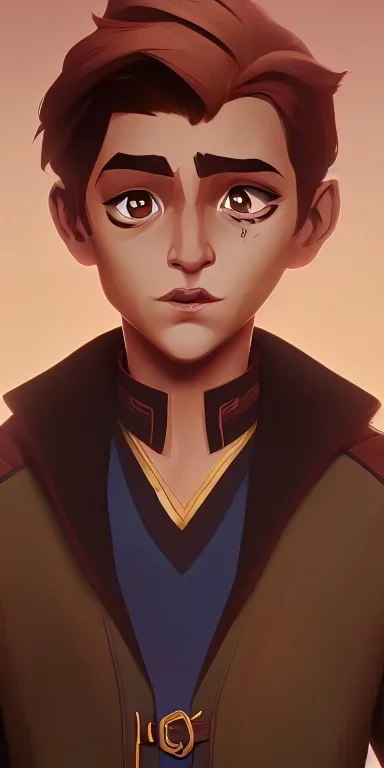 Portrait of a handsome brown haired little warlock kid with familiar