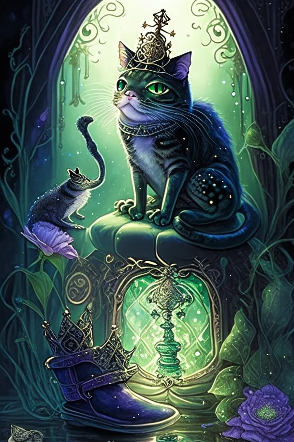 dark fantasy, intricate cover, a whimsical fairytale with a cat in boots next to a frog with a crown and a translucent glass slipper