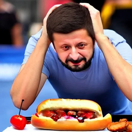 Volodymyr Zelensky WITH A BEARD wearing TANKTOP EATING A HOTDOG