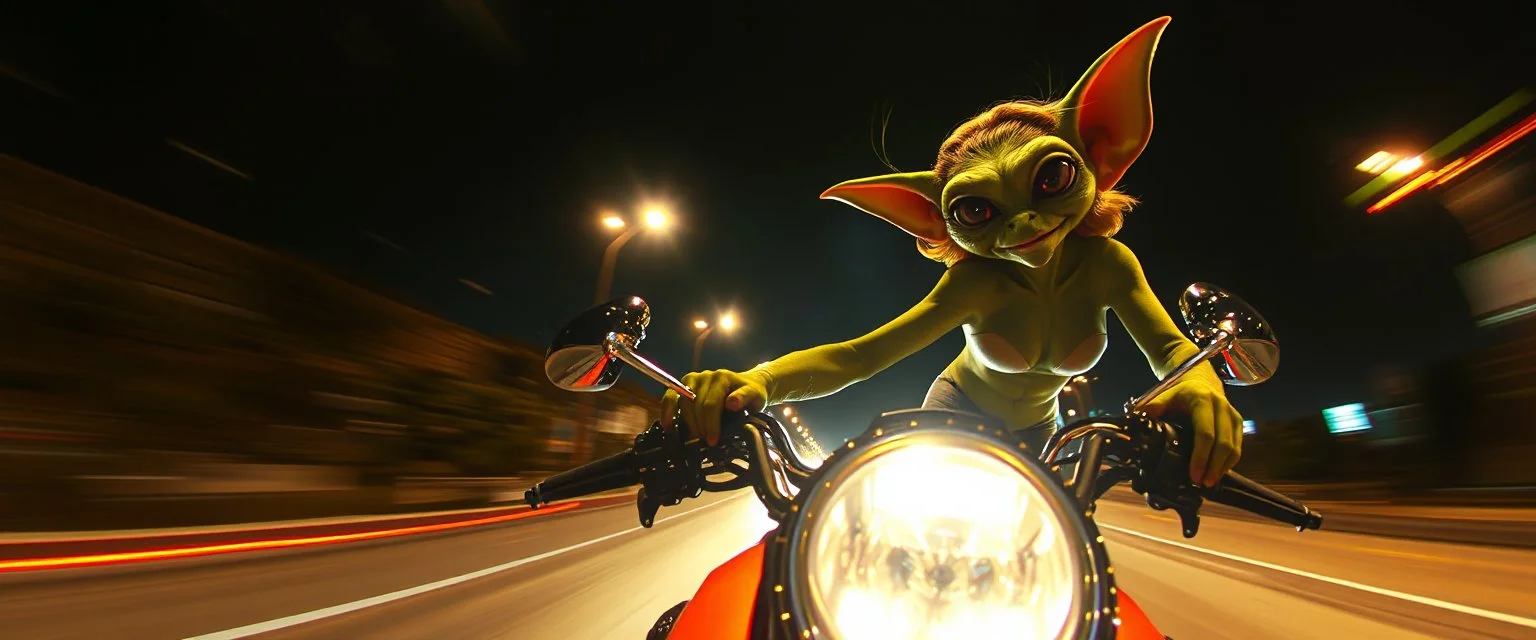 spy movie, fish eye lense, pin hole cam, master oil painting by Rembrandt, good afternoon bitch scary hot seductive gremlin spray painted female outline, riding sports bike with motion blur and smeared lights in the night, stylistic poster, in the style of total recall, huge bugrat in the background with wind blowing in the hair, high speed, intense eyes