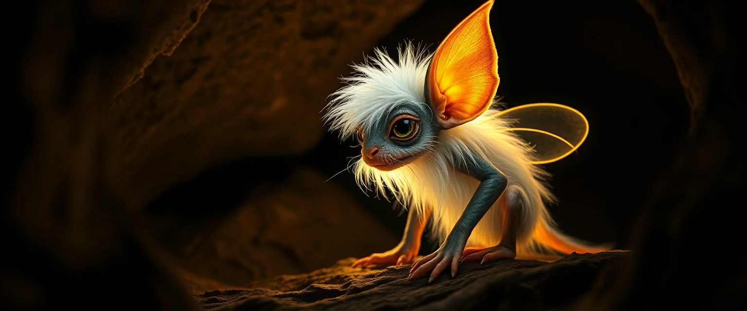 pen outline with some neon airbrush, illuminated transparent glowing quickling pixie gremlin in the shadows with long fluffy white fur looking at awesome glowing cave painting, pin hole camera, in the style of Rembrandt