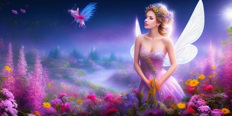 bright fairy, beautiful portrait, flowery landscape