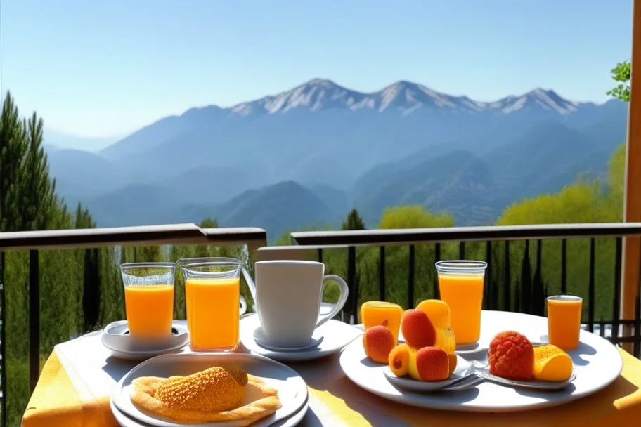 breakfast on a table on the terrace (orange juice, coffee in a cup, fruit, pastries), view of the mountains in the distance