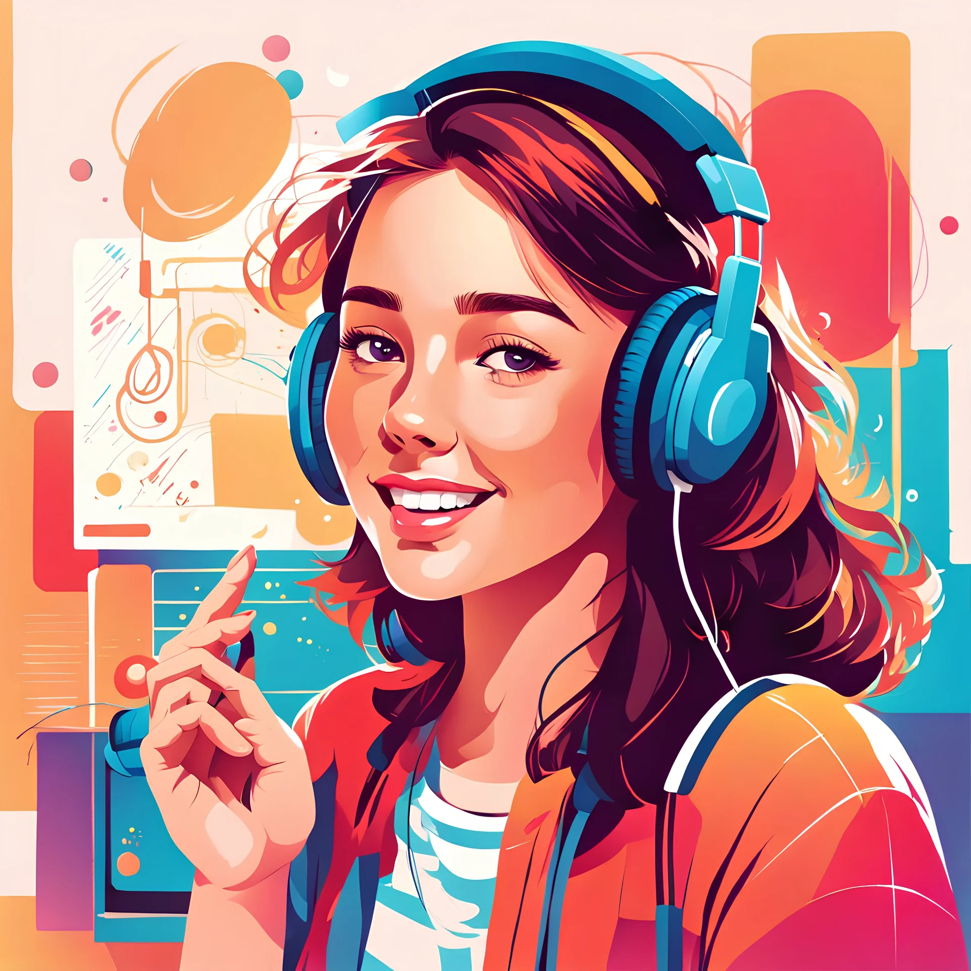 "Generate a charming vector illustration of a young women face with a friendly and joyful expression. She should be wearing headphones, and the background should feature a colorful and inviting study room with elements that exude a sense of youthfulness. Emphasize a warm and soft and hard colors delightful details. Capture the young girl as she enjoys music in study space watching left side