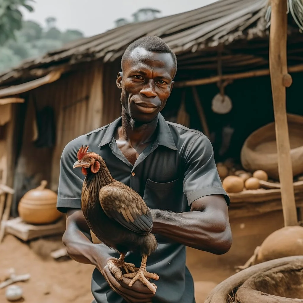 a black man holding a chicken in a village setup