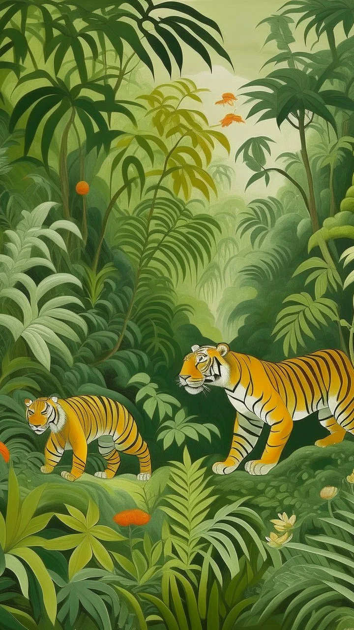 An olive green jungle with tigers painted by Henry-Robert Brésil