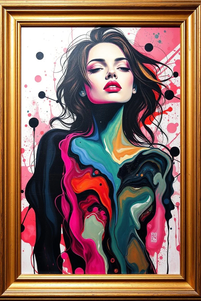 A women painted with Liquid abstract painting, framed with a classic picture frame