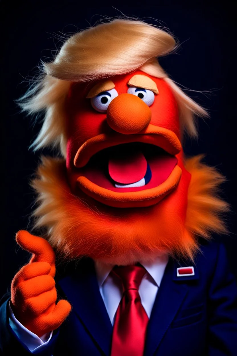 a Film Photograph of a realistic angry orange Donald J. Trump Muppet made of felt and fur wearing a dark blue suit and red tie and with blonde hair combover, he is old and angry with a small round mouth