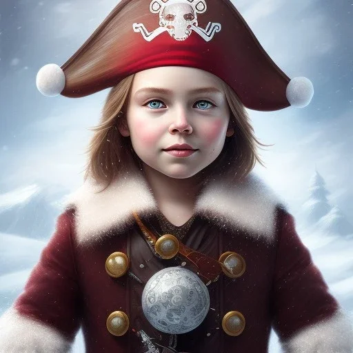 Portrait of pirate child with brown hair and with cute face, north pole snowy vibe , perfect composition, hyperrealistic, super detailed, 8k, high quality, trending art, trending on artstation, sharp focus, studio photo, intricate details, highly detailed, by greg rutkowski