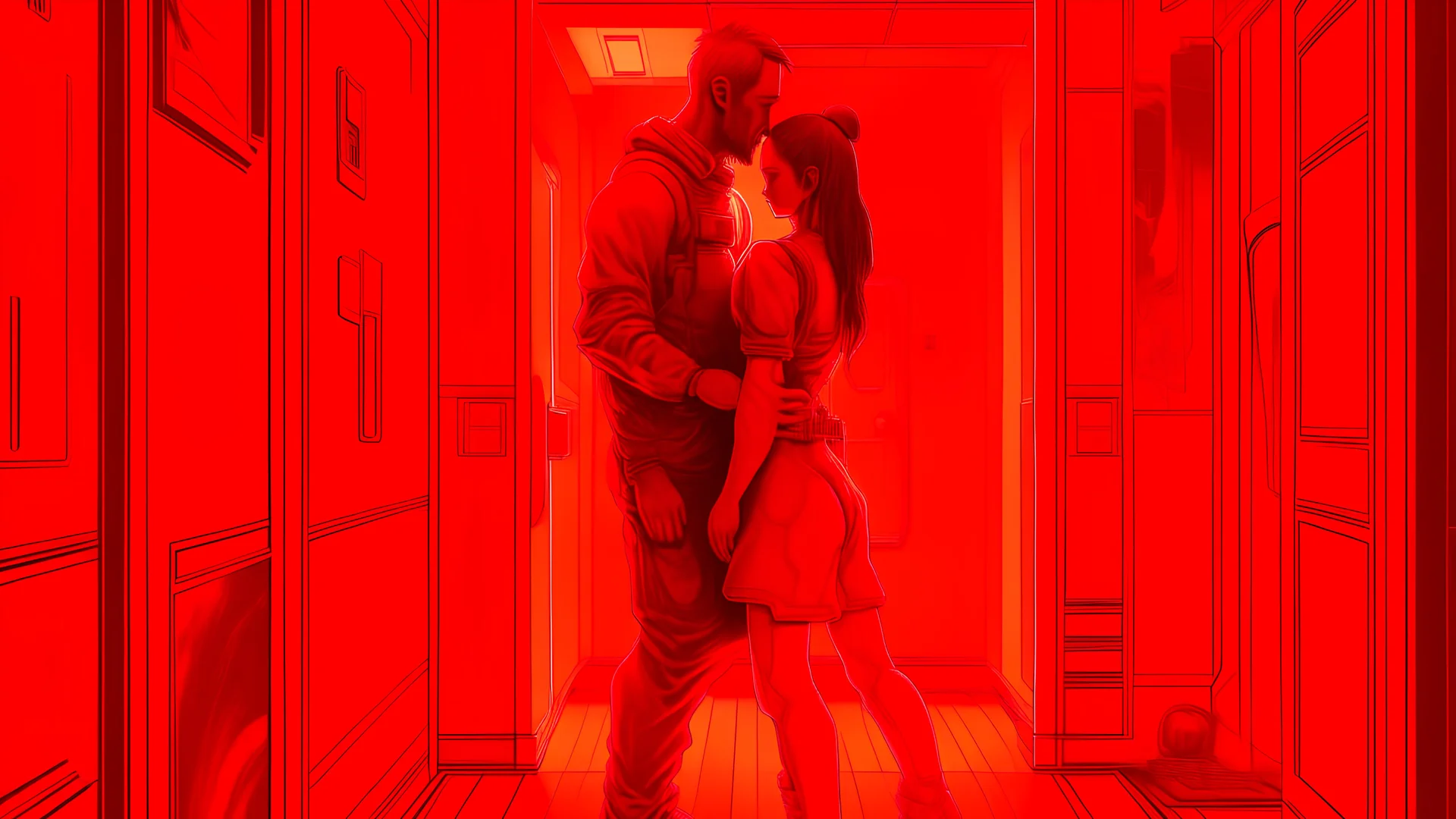 cyberpunk, an apathetic hitman does magic on a nymph in a cramped hallway, monochromatic hue, minimalistic risograph duotone design effect, two color palette, veiled contrast, redscale, red light leaks, warm, bright sunlight, vaporwave, neon colors, science fiction, detailed scene