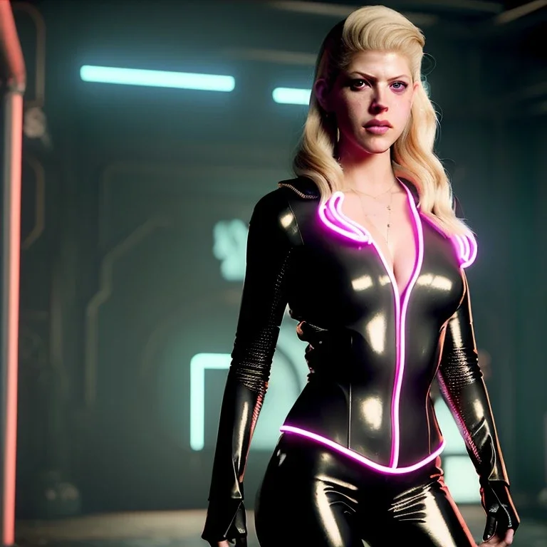 Actress, Katheryn Winnick, woman, latex coat, cyber punk, neon, army, bamboo, blood, portrait, studio photo, unreal engine 5, soft color, 16 bit, god lights, ray tracing, RTX, lumen lighting, ultra deatail, volumetric lighting, 3d, finely drawn, hd.