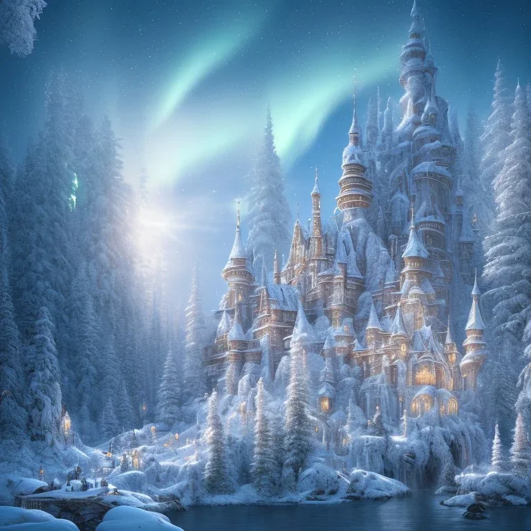  white and or crystal castle，waterfall, winter snow flakessnow, northern Lights, full of details, smooth, bright sunshine，soft light atmosphere, light effect，vaporwave colorful, concept art, smooth, extremely sharp detail, finely tuned detail, ultra high definition, 4 k, unreal engine 5, ultra sharp focus