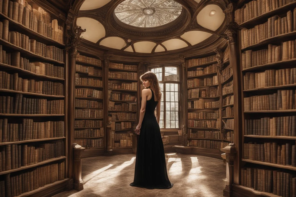 full-height shot of a woman in a tight black dress, inside a large magic book shop, books, bottles, windows