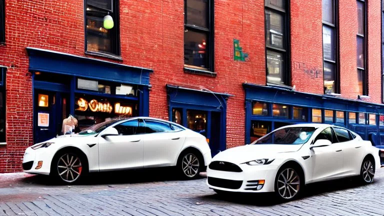 A Tesla's 'Model S Plaid' is doing donuts, on the South Street Seaport, in New York. CINEMATIC. WIDE ANGLE LENS. PHOTO REAL.