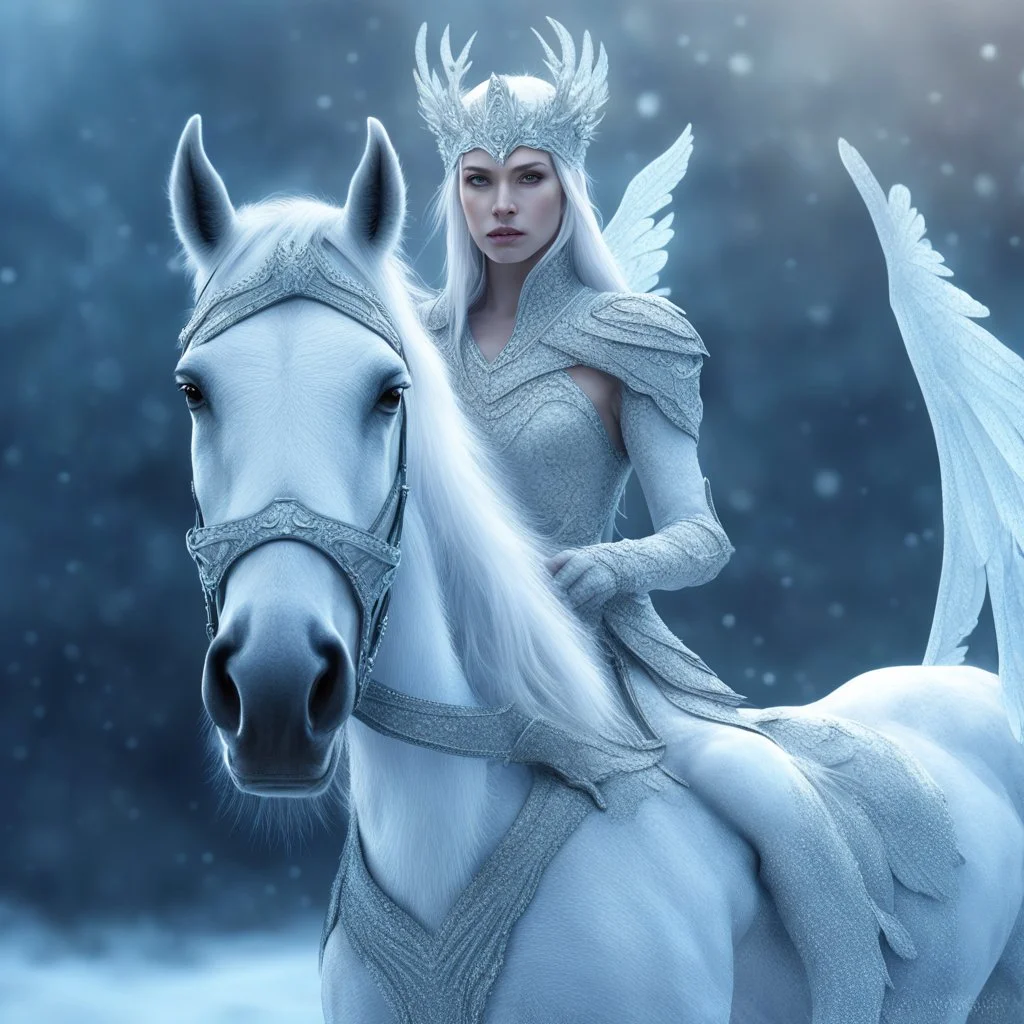 A horse with wings ,digital art, by Nikita Veprikov, fantasy art, wearing ice crystals, closeup portrait shot, the white king, gorgeous 3d render, winter concept art, high fashion fantasy, high quality fantasy stock photo, centered elven, avatar image, shot with Sony Alpha a9 Il and Sony FE 200-600mm f/5.6-6.3 G OSS lens, natural light, hyper realistic photograph, ultra detailed -ar 3:2 -q 2 -s 750