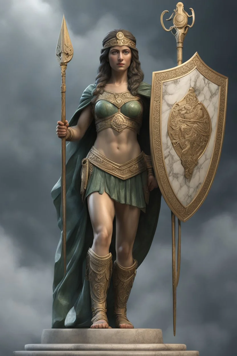 highly detailed marble and jade roman statue on a plint of a 18 year old marble woman in plate mail and carrying a round spear and holding a shield in front of her. long braided hair, full body shot, invisible gloves, , volumetric fog, Hyperrealism, breathtaking, ultra realistic, unreal engine, ultra detailed, cyber background, Hyperrealism, cinematic lighting, highly detailed, breathtaking, stunning temple environment