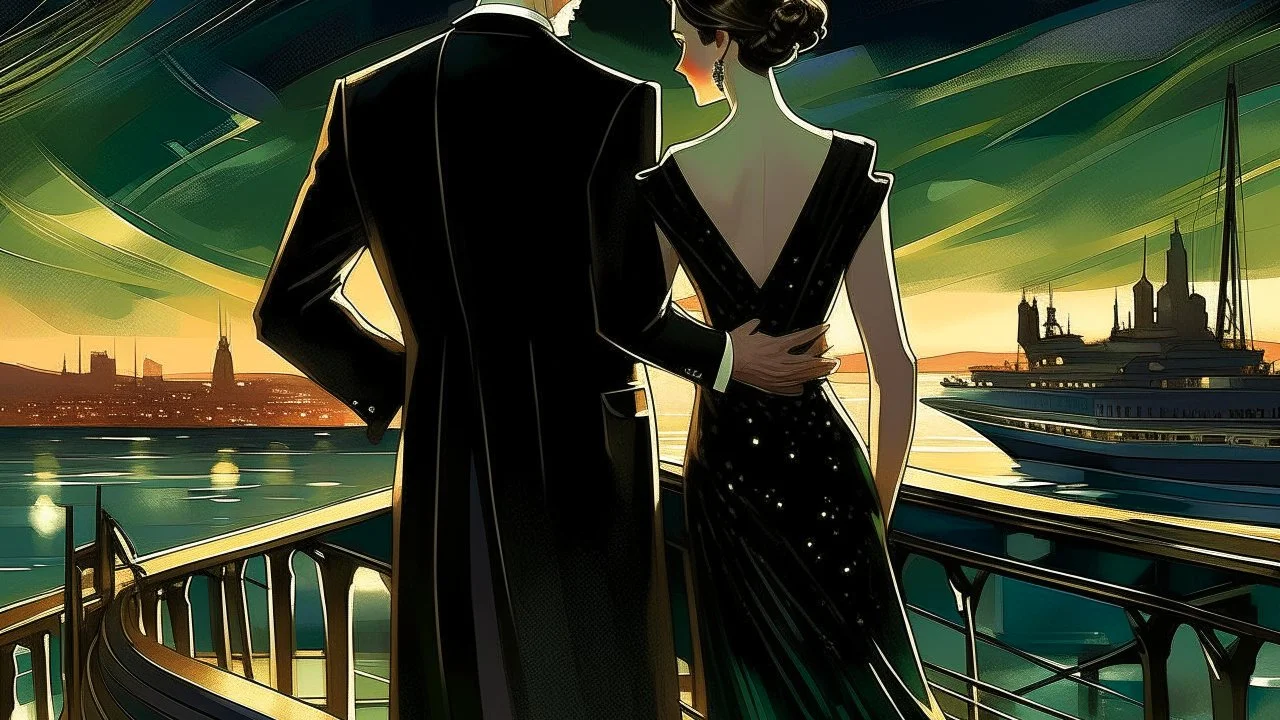 Una elegante pareja adulta en un lujoso transatlántico durante la noche, apoyada en la cubierta mientras una ciudad iluminada aparece a lo lejos sobre el horizonte. Él viste esmoquin oscuro y ella un sofisticado vestido de noche; el viento mueve ligeramente el cabello y las telas. Ilustración publicitaria de mediados del siglo XX, glamour cinematográfico, figuras idealizadas, anatomía elegante, rostros cuidadosamente definidos, composición sofisticada, iluminación nocturna cálida, reflejos sobre