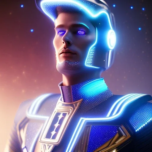 Handsome galactic man, glitter blue and white tron suit with jewels, blond hair, blue eyes, cinematic lights, full details, hight quality, unreal engine 5, 4k, cosmic stars background